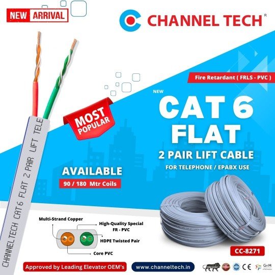 Channel tech 2 pair cat6 flat lift cable for CCTV & Intercom